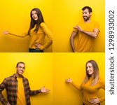 Set of people pointing back and presenting a product