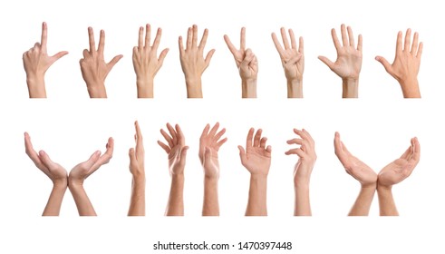 Set of people showing different gestures on white background, closeup view of hands 