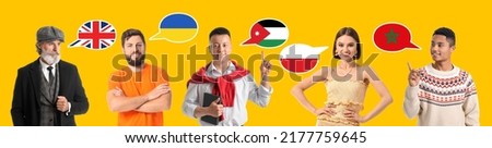 Set of people speaking different languages on yellow background
