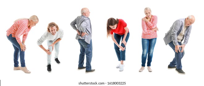 Set of people suffering from pain in joints and back on white background