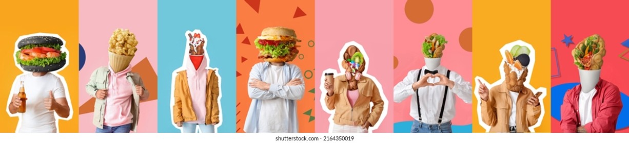 Set of people with tasty food instead of their heads on colorful background
