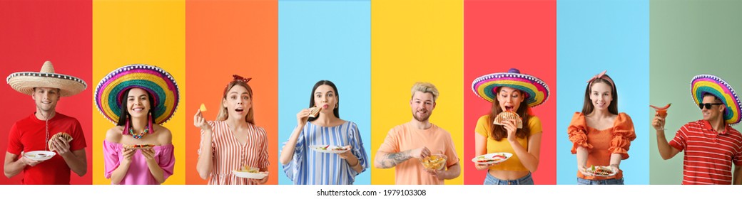 Set of people with tasty Mexican food on color background