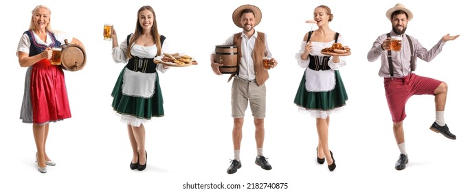Set of people in traditional German costumes with beer and snacks on white background - Shutterstock ID 2182740875