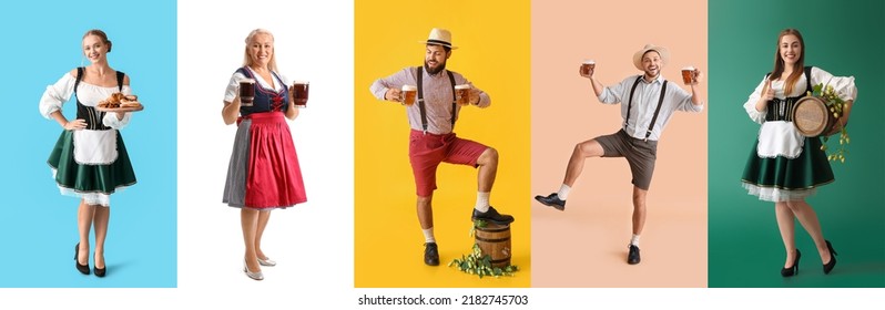Set of people in traditional German costumes with beer and snacks on color background - Shutterstock ID 2182745703