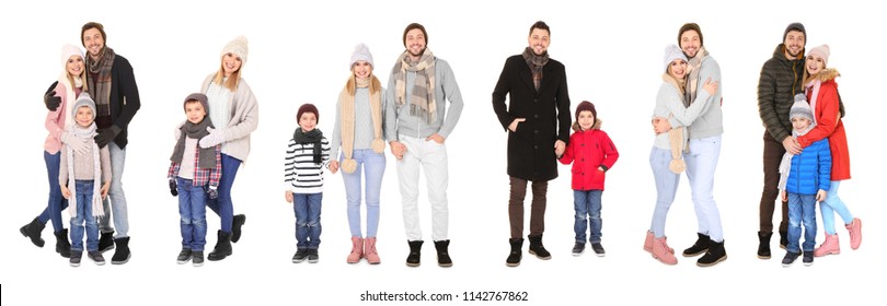 Set With People In Warm Clothes On White Background. Ready For Winter Vacation