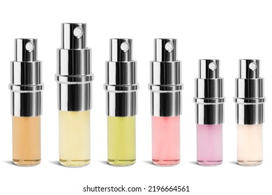 Set Of Perfume Sample Bottles Various Size Isolated On White Background