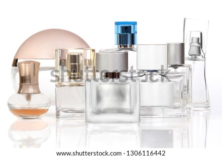 set perfume spray bottle with atomizer, isolated on white background