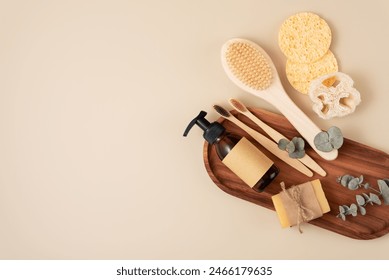 Set of personal care items including a bamboo toothbrush, soap bar, clean brush and reusable bottle for homemade cosmetic products. Eco friendly wellness and self care. - Powered by Shutterstock