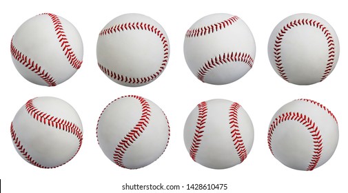 Set Of Photo Isolate Baseball 8 Balls Standard Hard Cork Inner Sewing Made From Leather Isolated With Path On White Background. Team Outdoor Sports Popular In America USA, Japan, UK, Other Countries.