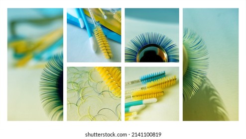 set of photos for advertising beauty services - eyelash extensions. Brushes, artificial synthetic colored eyelashes, other lash maker accessories. Collection of images for content selling services