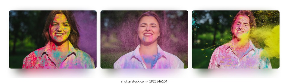 Set Of Photos With Cheerful Women Having Fun With Exploding Dry Paint Holi Outdoor