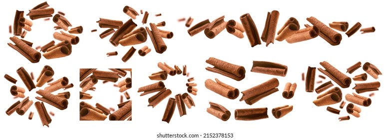 A set of photos. Cinnamon sticks levitate on a white background - Shutterstock ID 2152378153