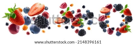 A set of photos. Many different berries in the form of a frame on a white background