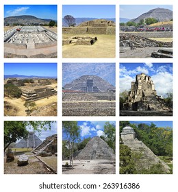 Set Of Photos - Mexico Pyramids - Teotihuacan Pyramid Of The Sun, Tula, Monte Alban, Muyil, Coba, Palenque And Chichen Itza Mayan, Aztec And Toltec Ruins. Aerial View With Mountains At The Background 