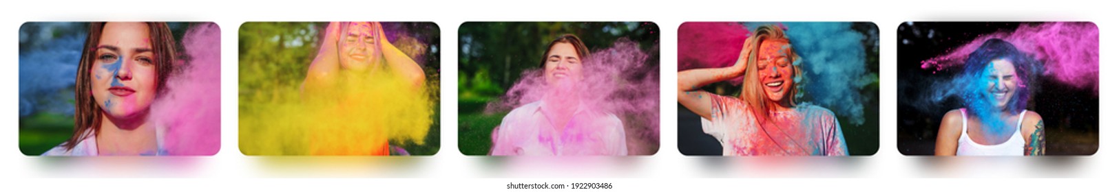 Set Of Photos With Young Pleased Women Having Fun With Exploding Dry Paint Holi Outdoor