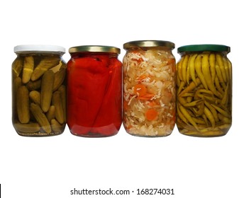 set pickles, cayenne pepper, mixed salad, chillies, winter stores, isolated on white background