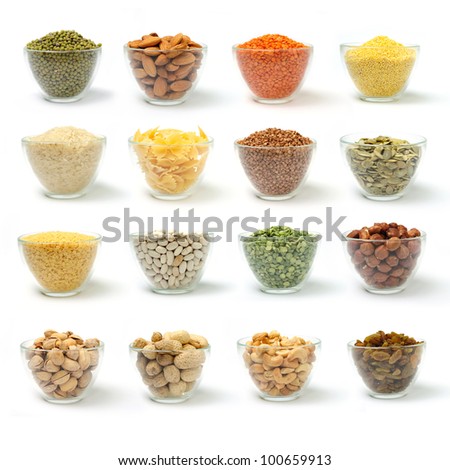 Set of pictures on cereal and nuts in bowls on white background.