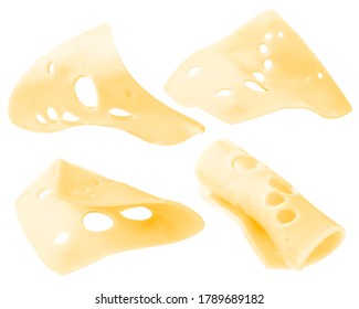 Set of pieces of cheese flying in the air on a white background. Levitating Cheese