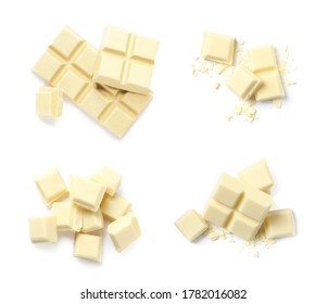 Set with pieces of delicious chocolate on white background, top view 