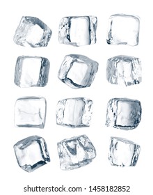 Set of pieces of pure blue natural crushed ice. Ice cubes. Clipping path for each cube included.