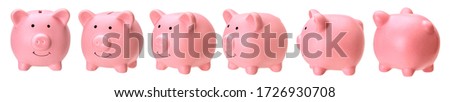 Set of piggy banks from different sides isolated on white background.