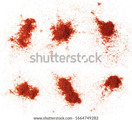 Set pile of red paprika powder isolated on white background, top view