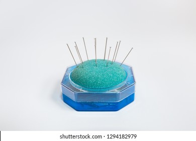 Set Of Pin Cushion In Box With Sewing Pins Isolated On White Background.