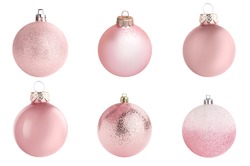 Set Of Pink Christmas Balls On White Background