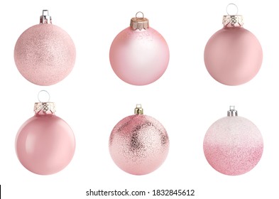 Set of pink Christmas balls on white background