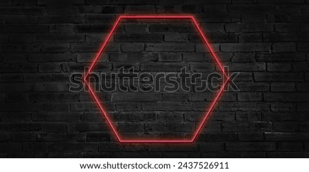 Set of pink-blue, red-purple, green illuminate hexagon frame design. Abstract cosmic vibrant color geometric backdrop. Collection of glowing neon lighting on dark background with copy space. Top view.