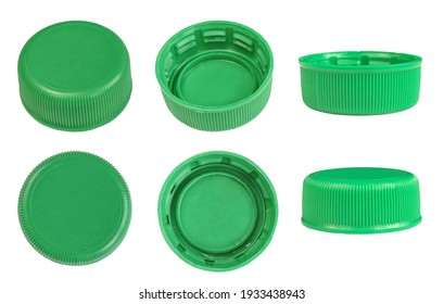 Set Of Plastic Green Bottle Caps Isolated On White Background