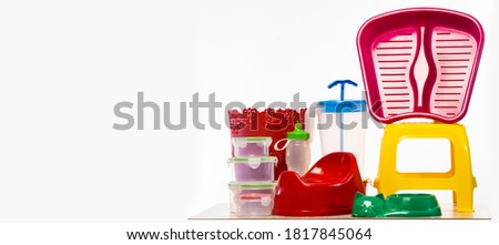 Set of plastic household objects - White background