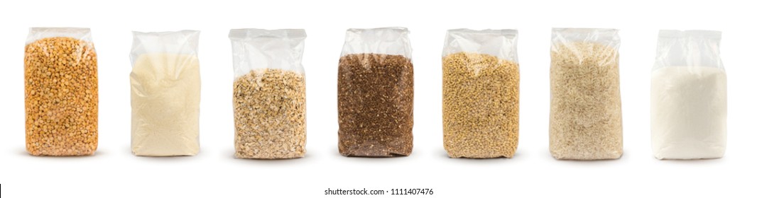 Set of Plastic transparent bags with full of groats isolated on white background. Packages with peas, semolina, rice, seeds, buckwheat grain, oat flakes, sugar. Mockup.