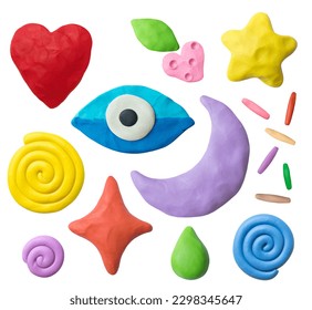 Set of plasticine objects. Handmade  hearts, eyes, moons, stars, drops, berries, snails. Modelling clay.