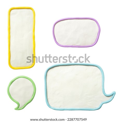 Set of plasticine talking bubbles. Chat window, message window. Text templates white with colored borders. Modelling clay. 