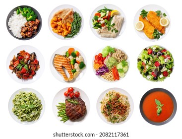 set of plates of food isolated on a white background, top view