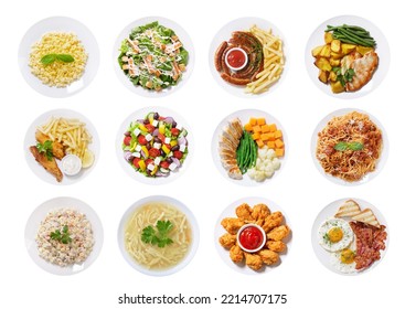 set of plates of food isolated on a white background, top view - Shutterstock ID 2214707175