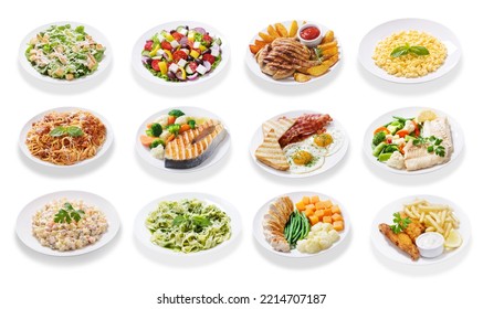 set of plates of food isolated on a white background - Shutterstock ID 2214707187