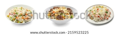 Set of plates with tasty piilaf on white background