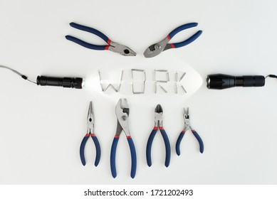 A set of pliers. Set of hand tools for repair on white background. Flat-nose plyers. Word work from tools 