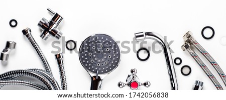 Set of plumbing for bathroom or shower on a white background. Flat lay and top view, copy space for text