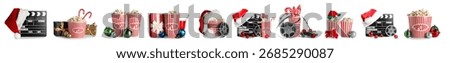 Set of popcorn, clapperboards and decorations on white background. Christmas movie concept