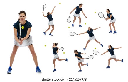 Set of portraits of active young woman, tennis player in motion, training isolated over white studio background. Sportive youth. Healthy lifestyle, fitness, sport, competition concept. - Powered by Shutterstock