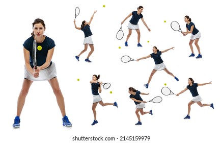 Set Of Portraits Of Active Young Woman, Tennis Player In Motion, Training Isolated Over White Studio Background. Sportive Youth. Healthy Lifestyle, Fitness, Sport, Competition Concept.