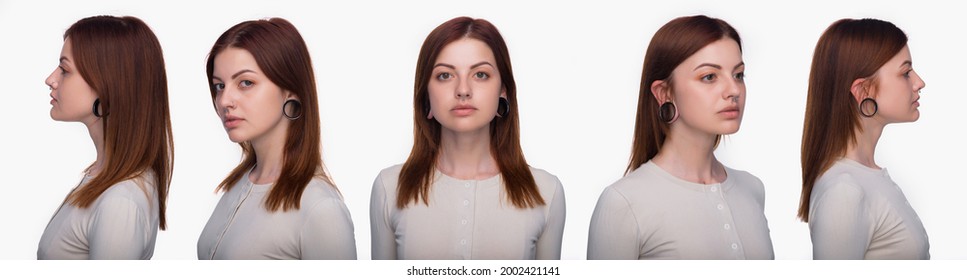 Set of portraits collage. Woman with a tunnel in her ears, and a pierced nose on white background. Different angle view of a piercing face.