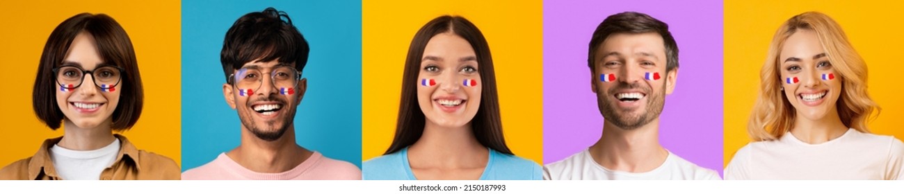 Set of portraits of positive multiethnic people men and women various ages and styles with French flag painted on their cheeks, panorama, collage. Immigration to France concept - Powered by Shutterstock