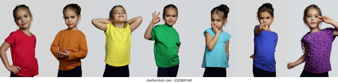 Set of portraits of pretty preschool girl in bright colorful t-shirts posing over white background, beauty and fashion concept