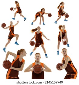 Set Of Portraits Of Sportive Young Girl, Teenager Training, Playing Basketball Isolated Over White Studio Background. Active Youth. Concept Of Professional Sport, Health, Active Lifestyle, Hobby