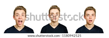 Set from portraits of young guy with pompadour hairstyle isolated on white background. Stock foto © 