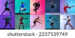 Set of portraits of young people training isolated over multicolored background in neon light. Boxer, football, hockey, MMA, rhytmic gymnast, runner, karate. Concept of sport, competition, lifestyle